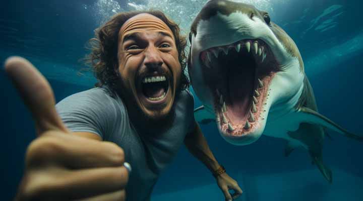 man maakt selfie terwijl er een haai aankomt. beeld voor blog vuurwerk over